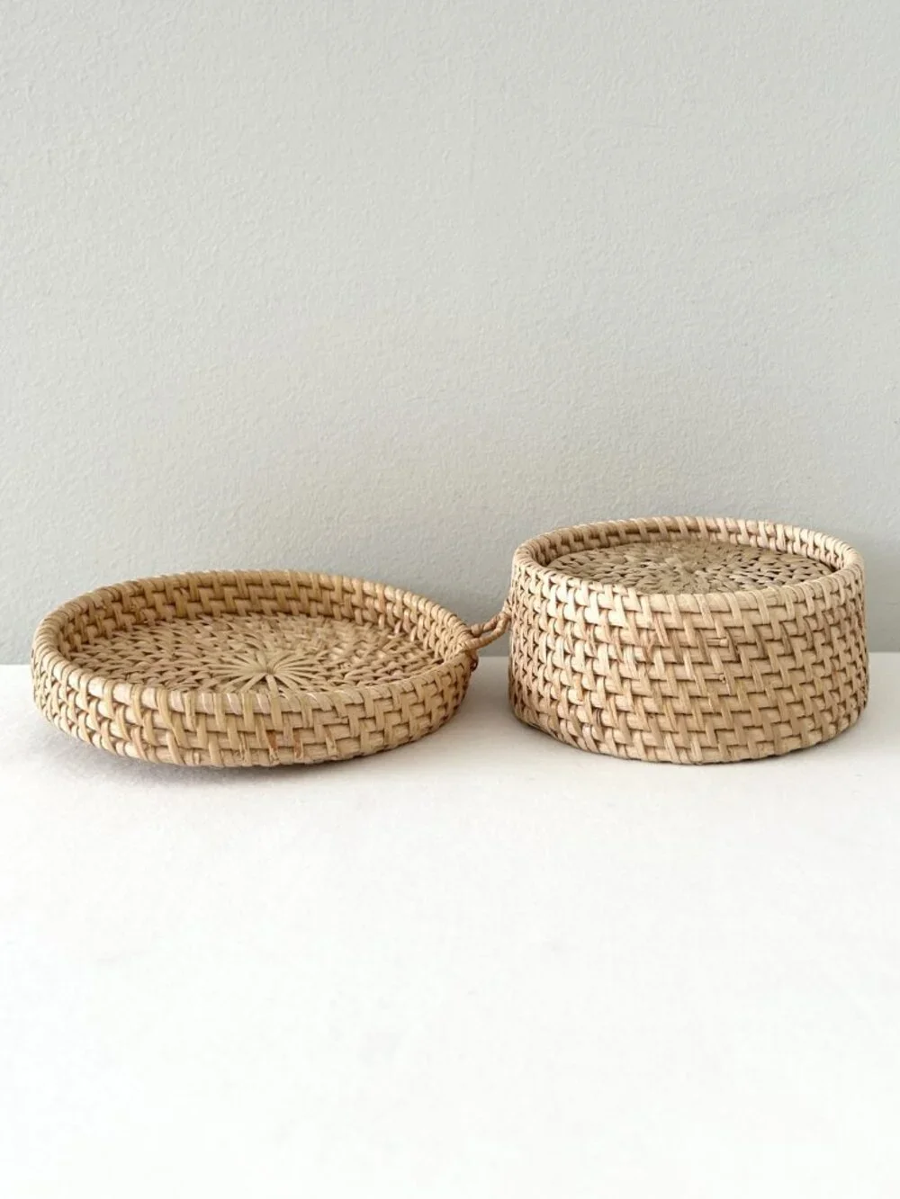 6 Pc Woven Rattan Coaster Set Natural Wicker Round Basket Hinged Lid Boho Decor